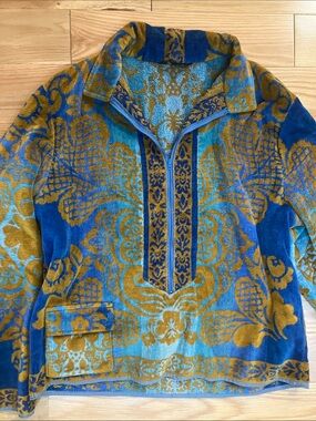 Men's Half-Zip Sweater in Blue & Mustard Floral Jacquard